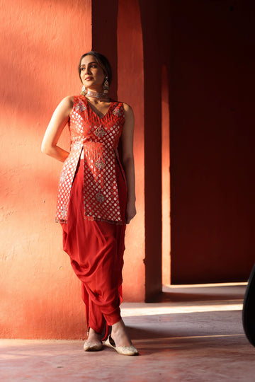 Red Chanderi Silk Suit (3 piece)
