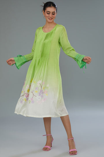 White & Green Ombre Dyed Cotton Silk Thread Embroidered Midi Dress