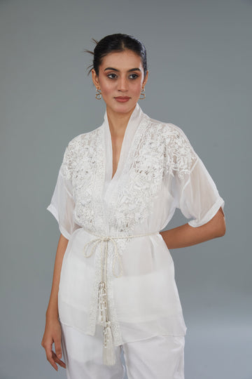 White Organza Silk Hand & Machine Embroidered Co-Ord Set