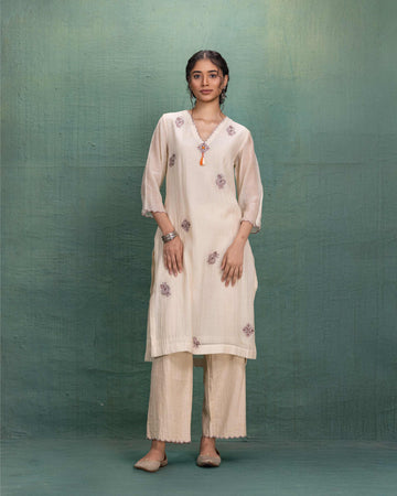 Beige Embroidery Cord Set with Organza Back and Hand Scalloping