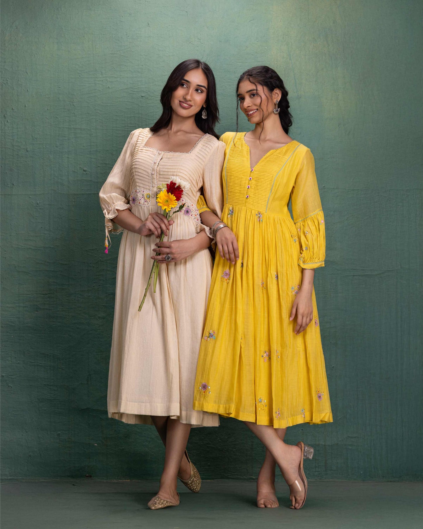 Yellow Hand Embroidery Dress with Pintuck Yoke and Anchor Detailing