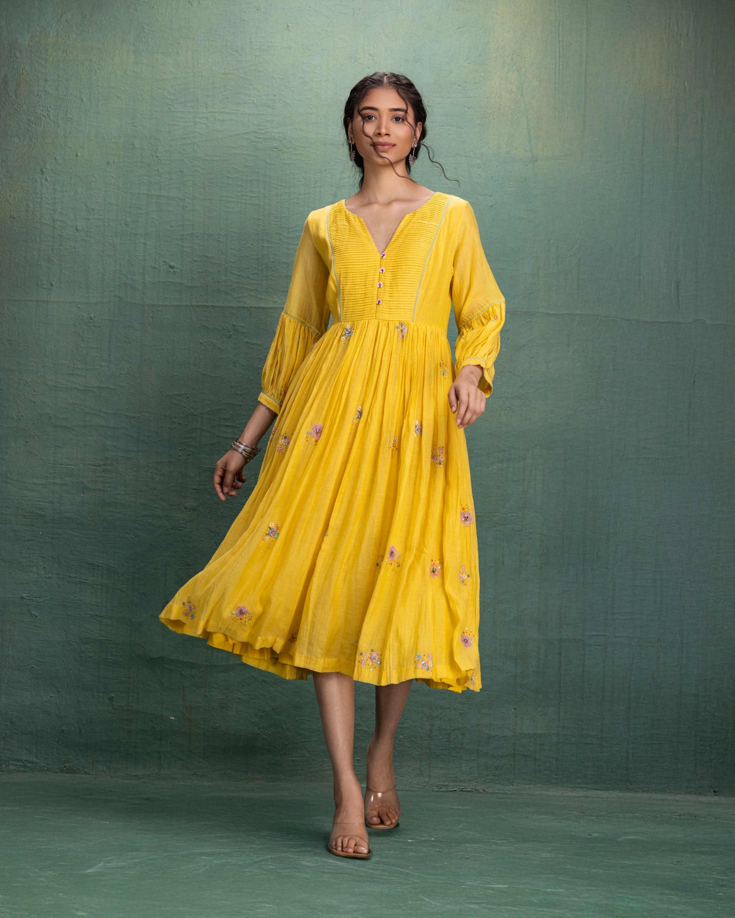 Yellow Hand Embroidery Dress with Pintuck Yoke and Anchor Detailing