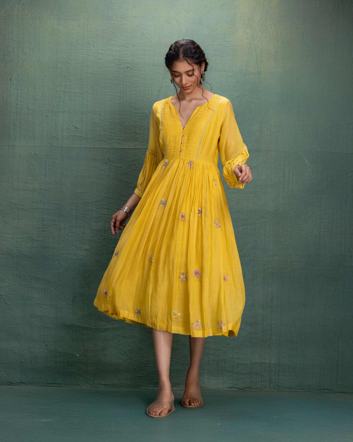 Yellow Hand Embroidery Dress with Pintuck Yoke and Anchor Detailing