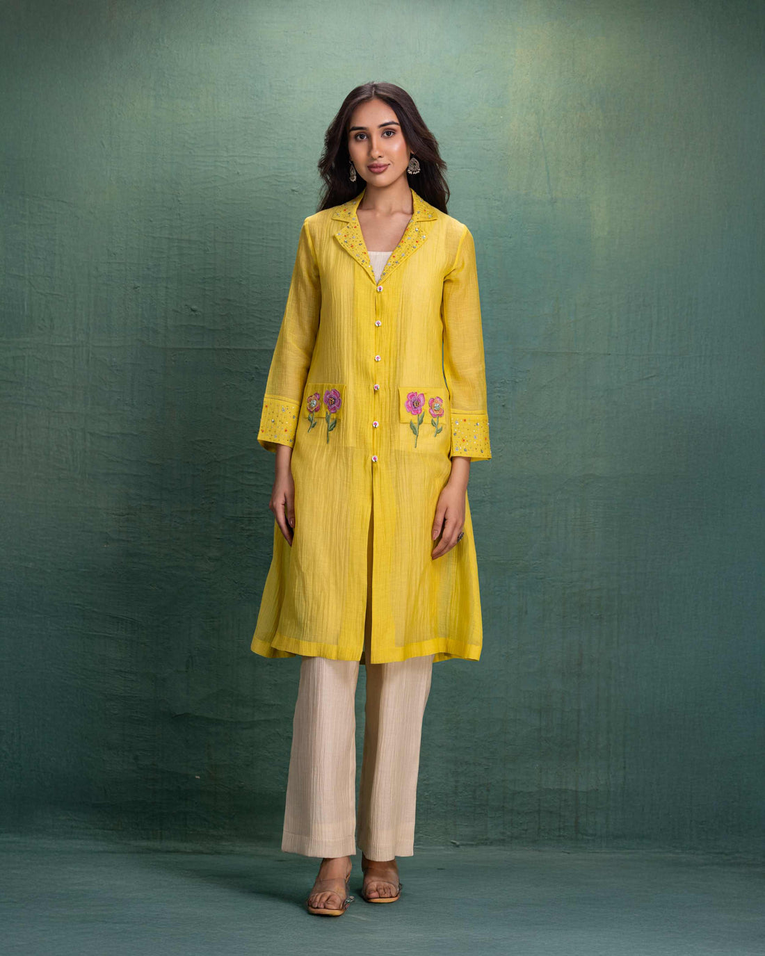 Yellow Shrug Set with Handcrafted Embellishment and Floral Motif Pockets