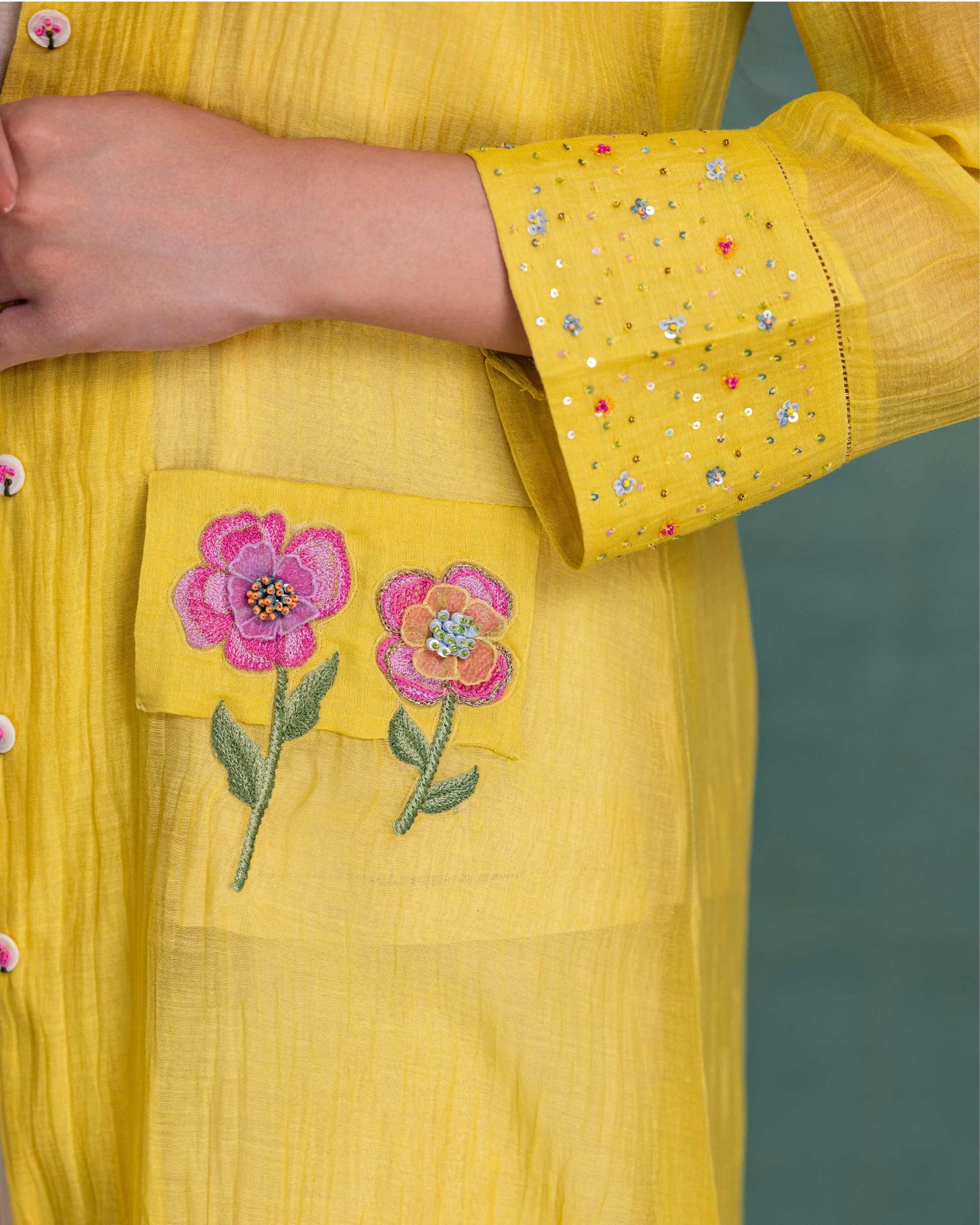 Yellow Shrug Set with Hand and Machine Embroidery and Floral Motif Pockets