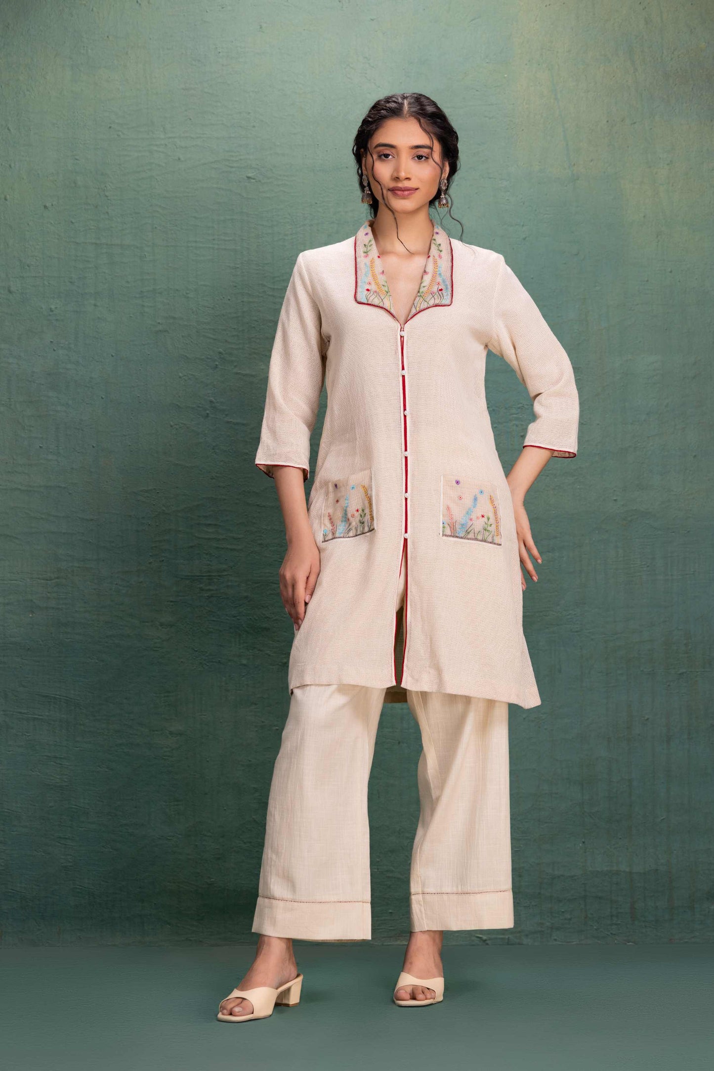 Beige Mesh Collar and Cuff Machine Embroidery Cord Set with Jali Effect
