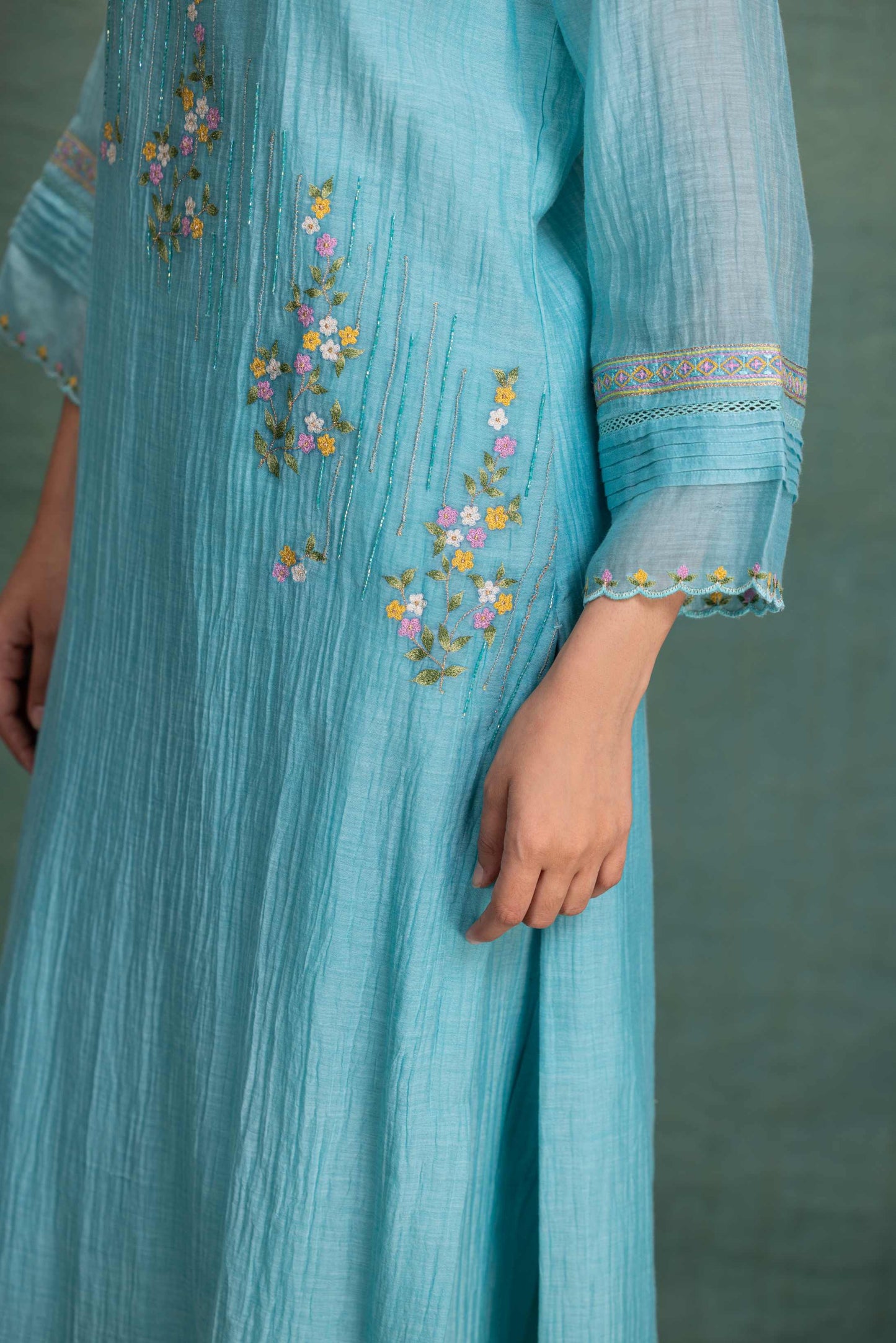 Blue Machine and Hand Embroidery Suit with Beautiful Dupatta and Pin tuck Detailing