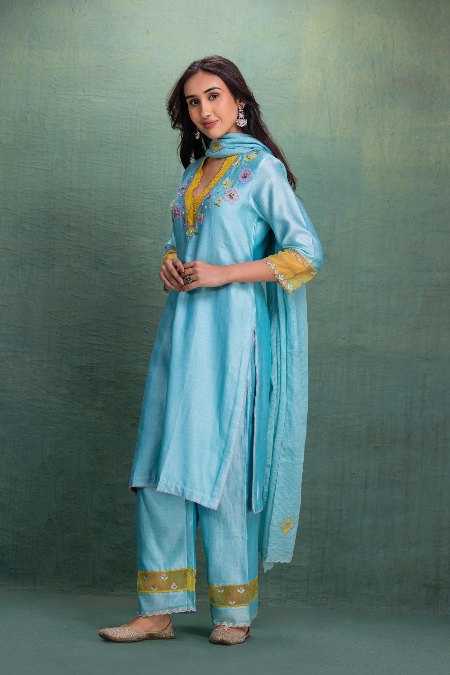 BLUE HAND AND MACHINE EMBROIDERY SUIT with Beautiful Dupatta