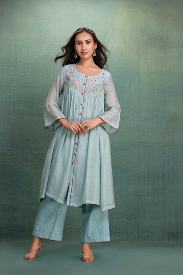 Blue Embroidery Yoke Cord Set