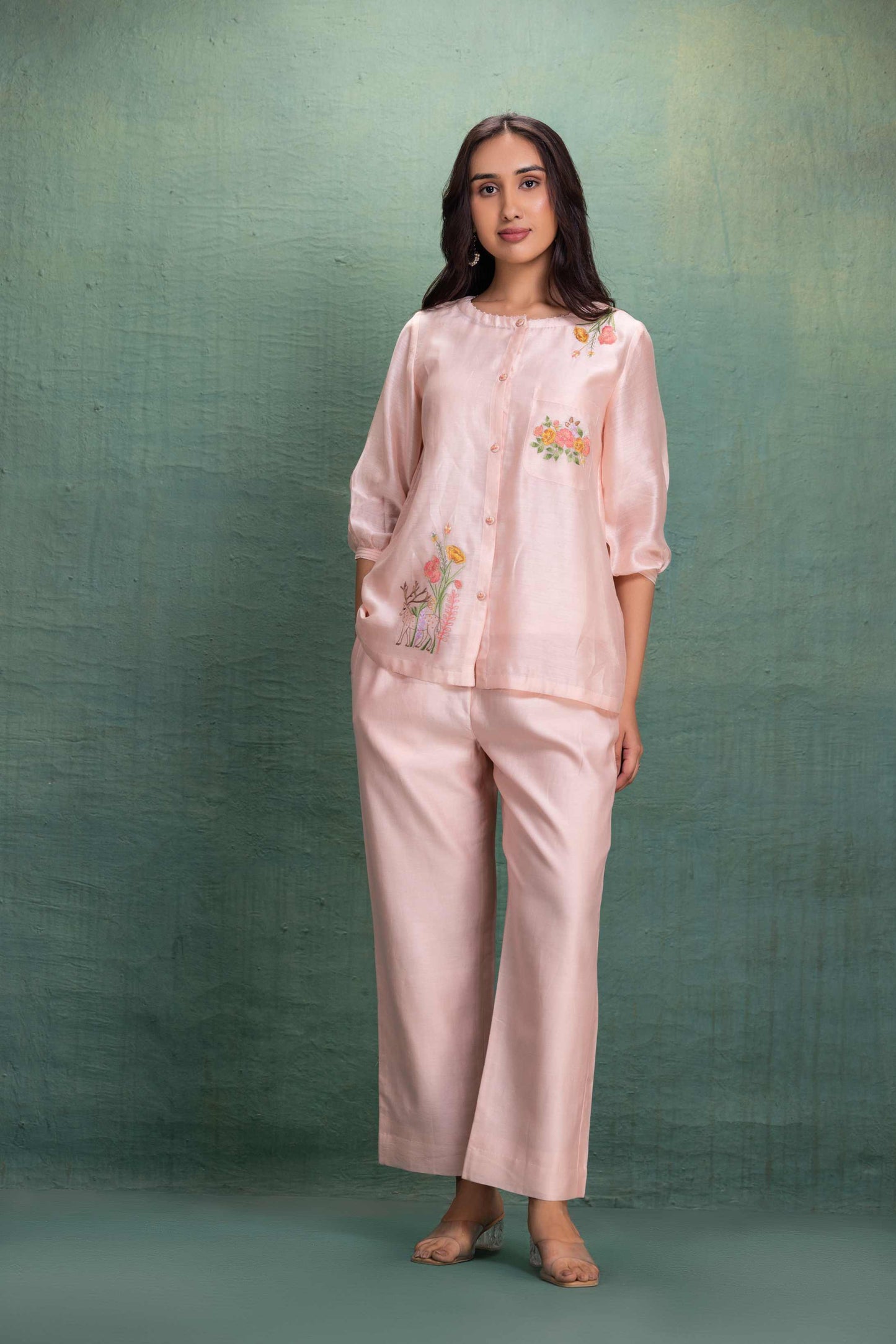 Pink Short Shirt Cord Set with 2 Machine Embroidery motif