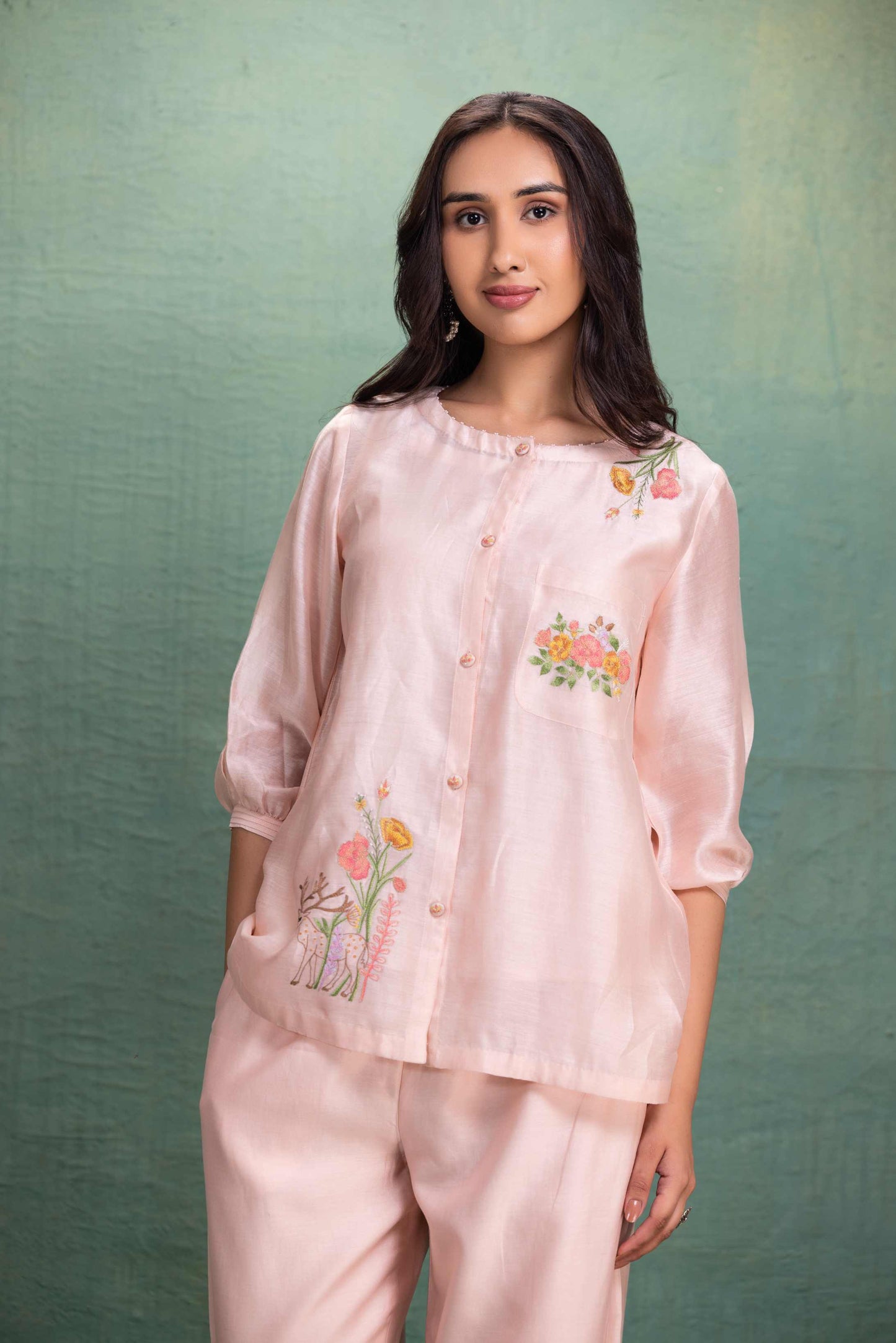 Pink Short Shirt Cord Set with 2 Machine Embroidery motif