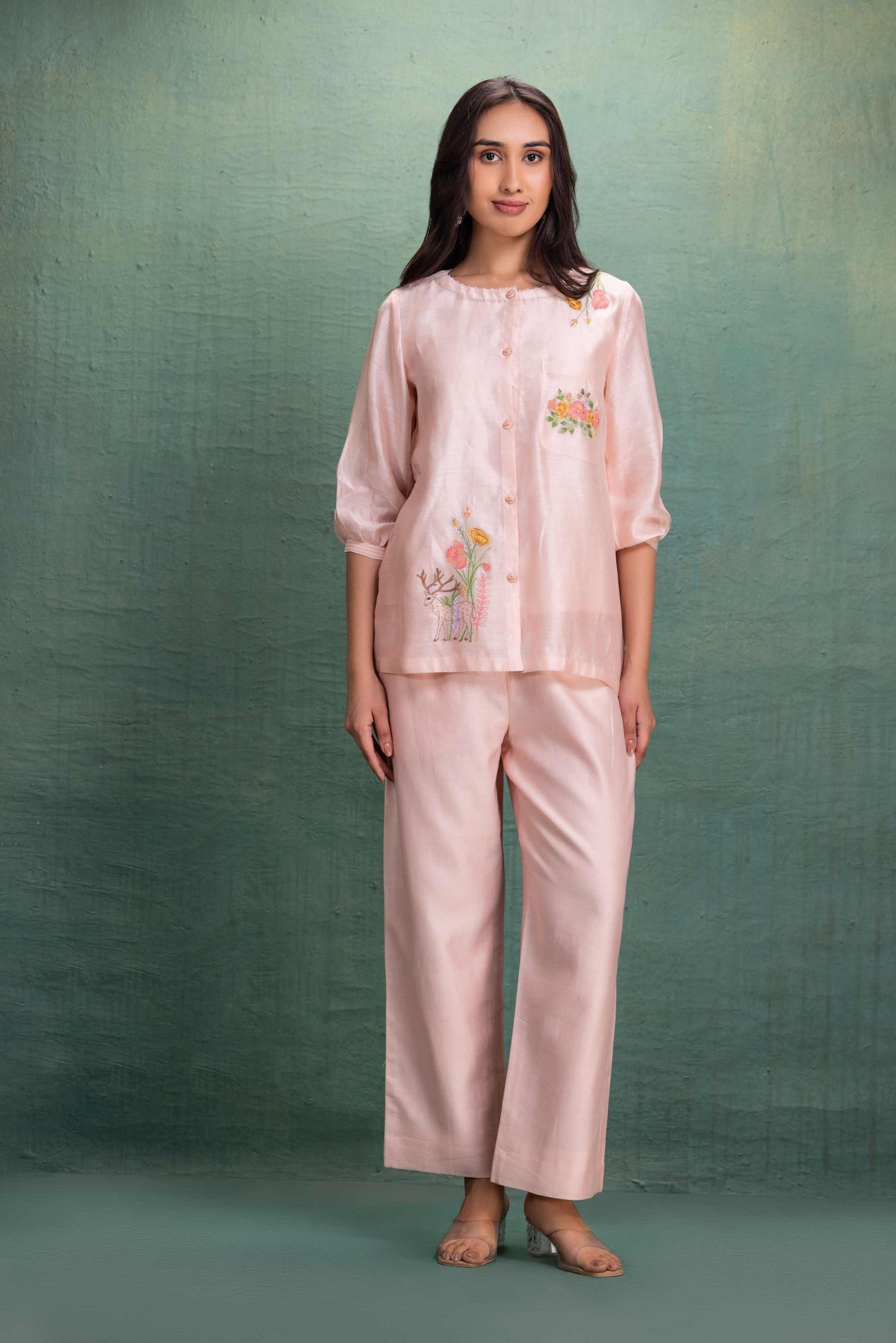 Pink Short Shirt Cord Set with 2 Machine Embroidery motif