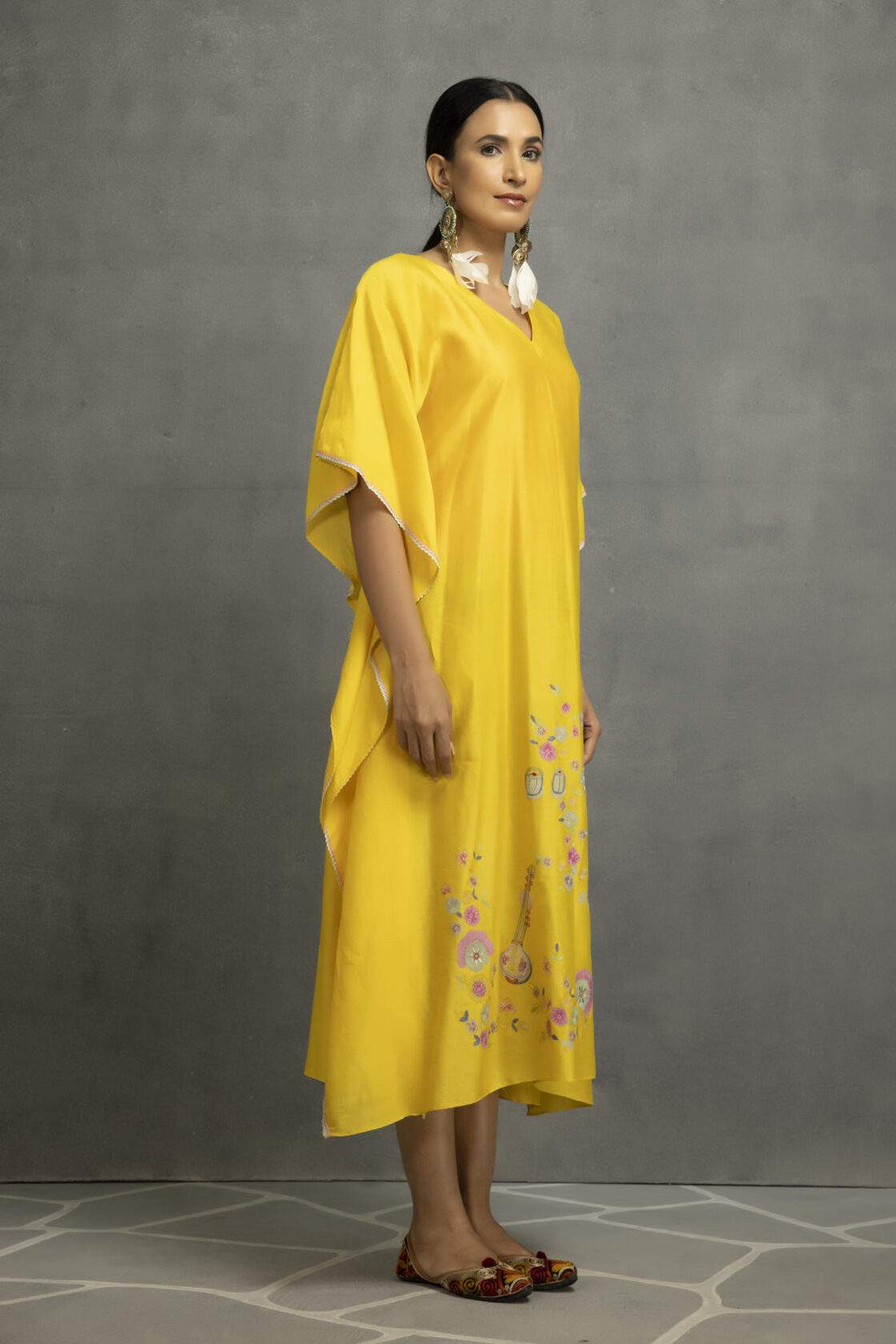 Yellow Story Telling Kaftan In Chanderi Base With Applique Work
