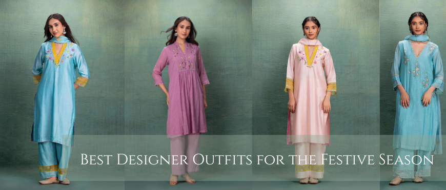 Women wearing pastel and bright festive designer outfits in blue, pink, and purple shades, showcasing the best designer outfits for the festive season.