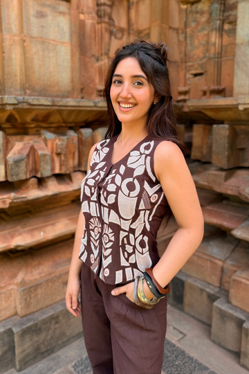 Ashnoor Kaur in Brown Linen Patchwork Co-ord Set