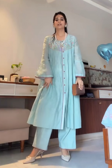 Priya Mudgal in Blue Embroidery Yoke Cord Set