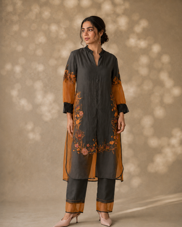 Grey Cotton Embroidered Kurta Set