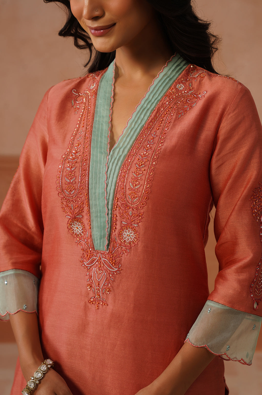 Shafaq – Peach Chanderi Kurta Set with Organza Dupatta