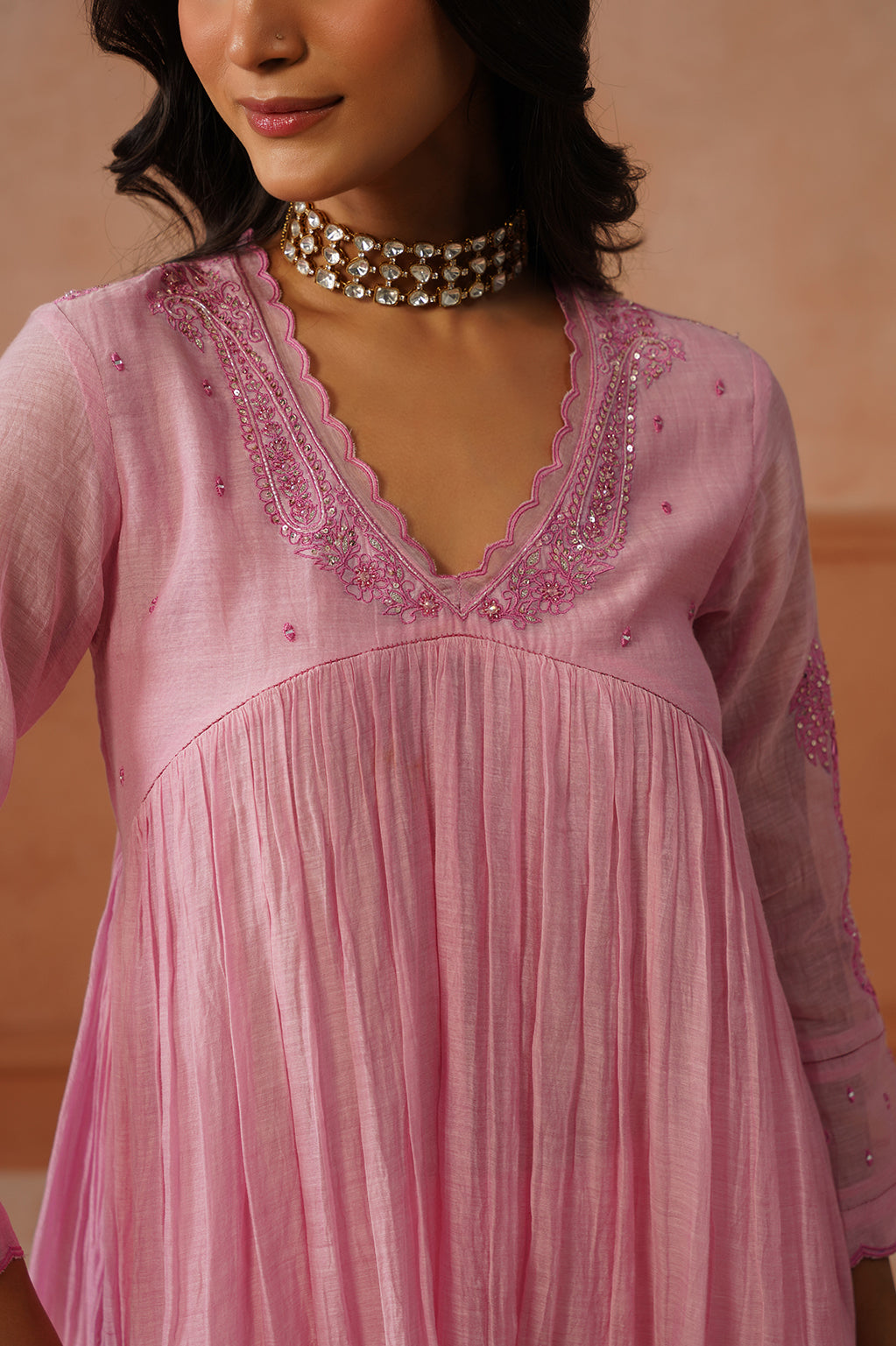 Naazuk – Baby Pink Mul Chanderi Kurta Set