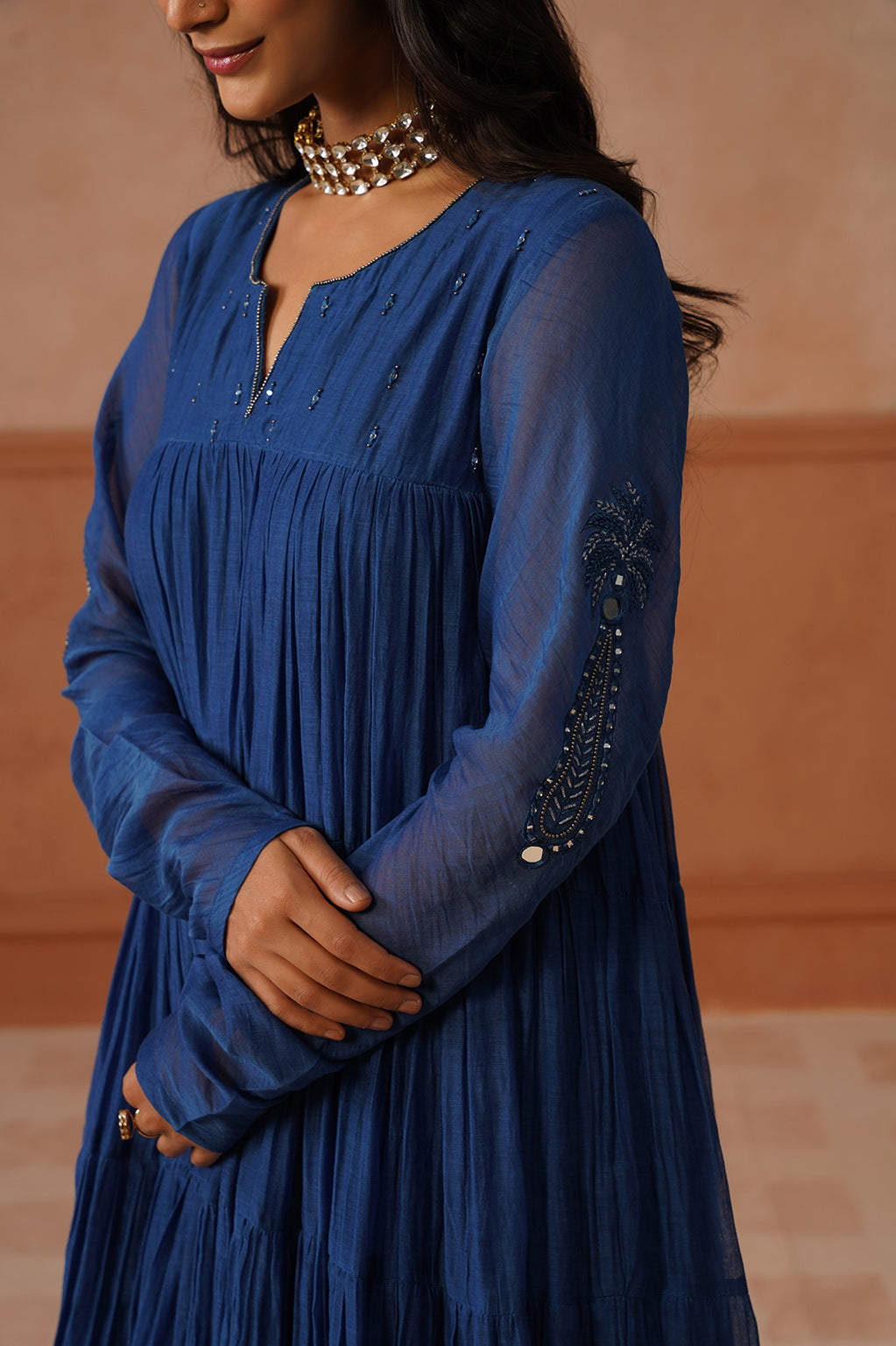 Mehtaab – Indigo Mul Chanderi Mirror Work Anarkali Set