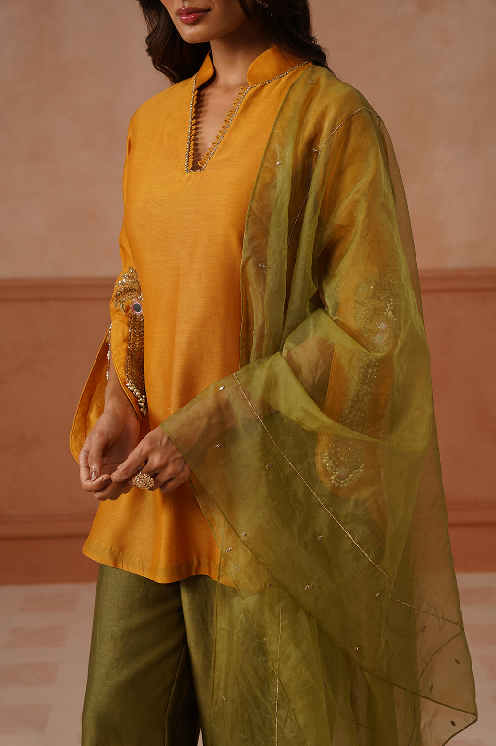 Sarson – Mustard Chanderi Kurta Set with Green Dupatta