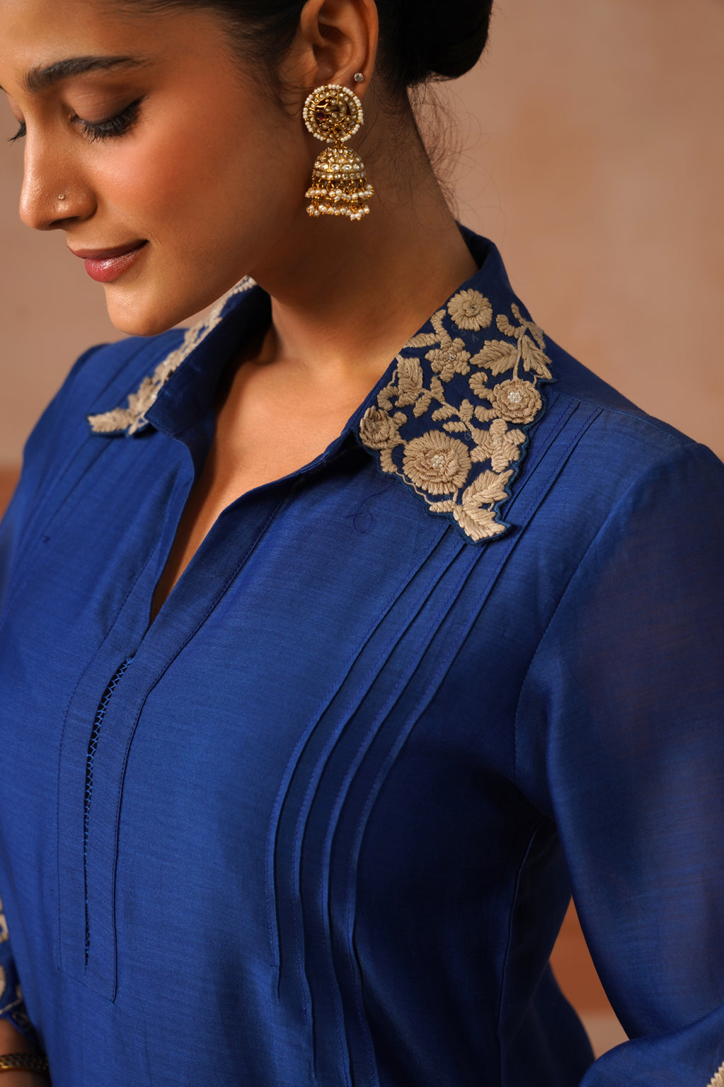 Saahil – Royal Blue Chanderi Embroidered Collar Co-ord Set
