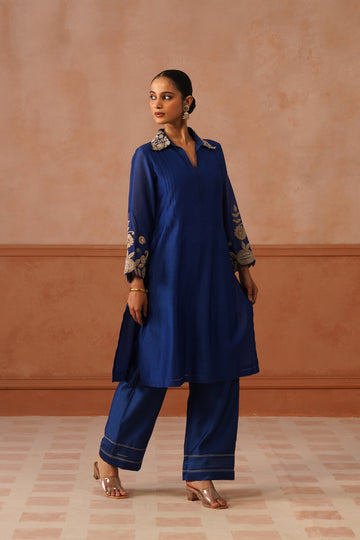 Saahil – Royal Blue Chanderi Embroidered Collar Co-ord Set