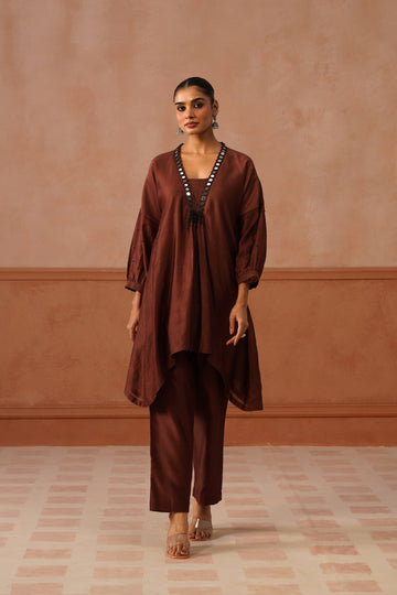 Mitti – Chocolate Brown Asymmetric Mirror Work Kurta Set
