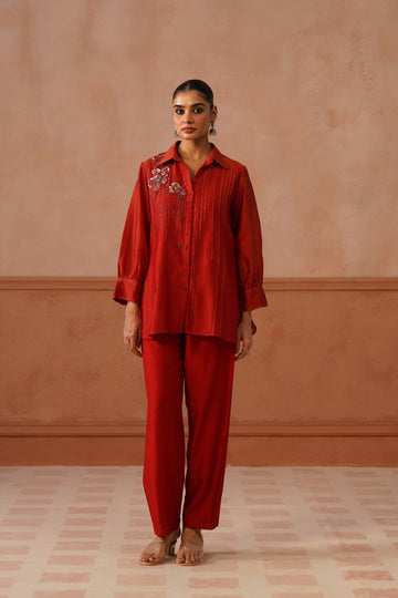 Gulmohar – Rust Red Georgette Shirt Co-ord Set