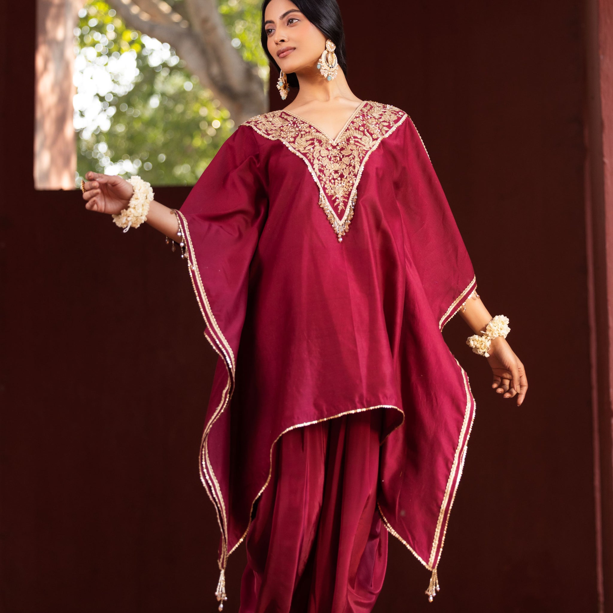 Chanderi Red Kaftan Cowel Pant Set ( 2 Piece)