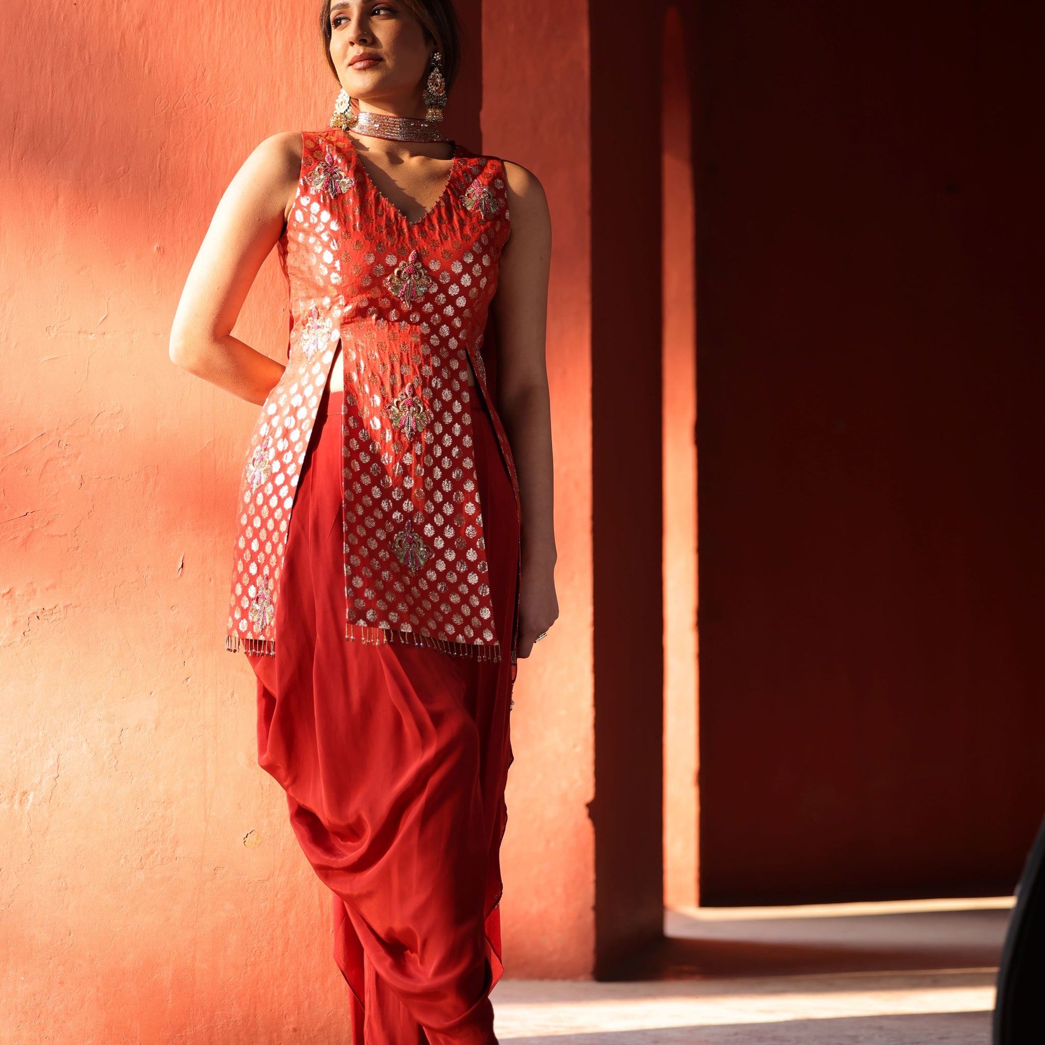 Red Chanderi Silk Suit (3 piece)