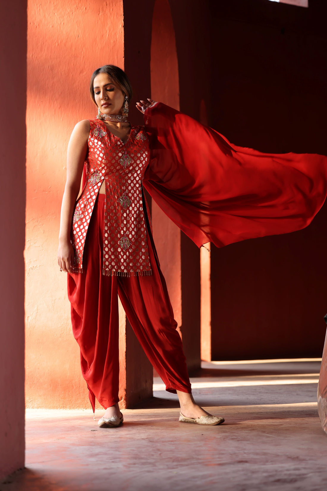Red Chanderi Silk Suit (3 piece)