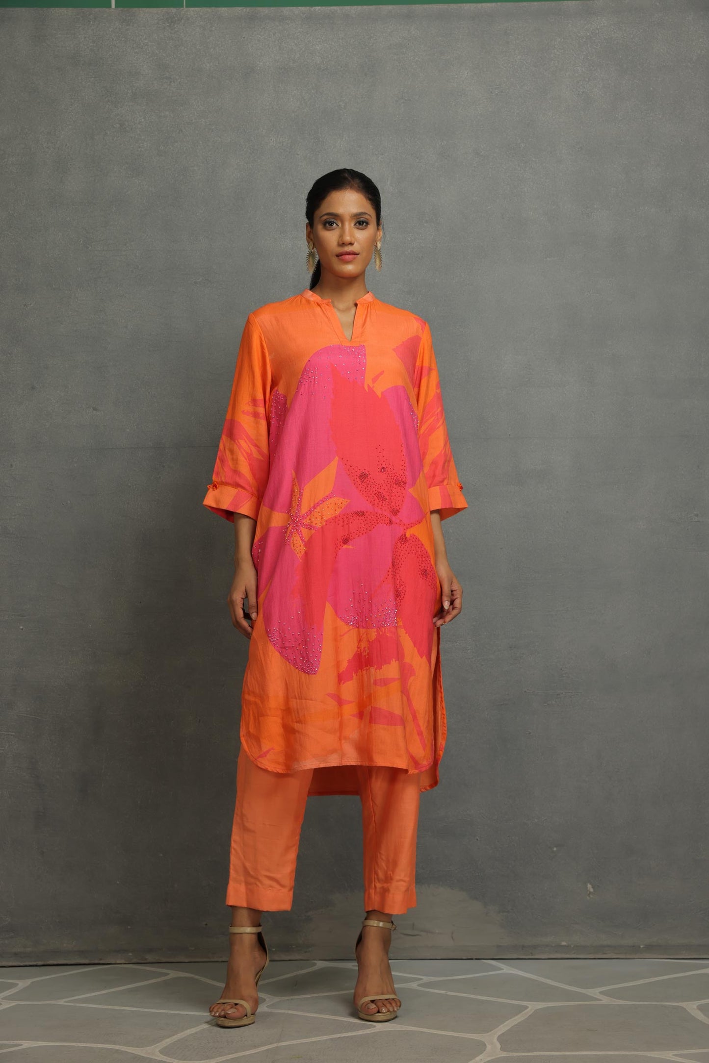 Orange shirt in cotton silk base with digital print and hand embroidery