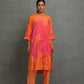 Orange shirt in cotton silk base with digital print and hand embroidery
