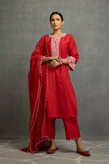 Red Silk Chanderi Kurta Set with Mirror Work Dupatta