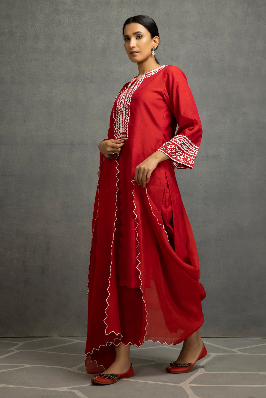 Red Silk Chanderi Kurta Set with Mirror Work Dupatta