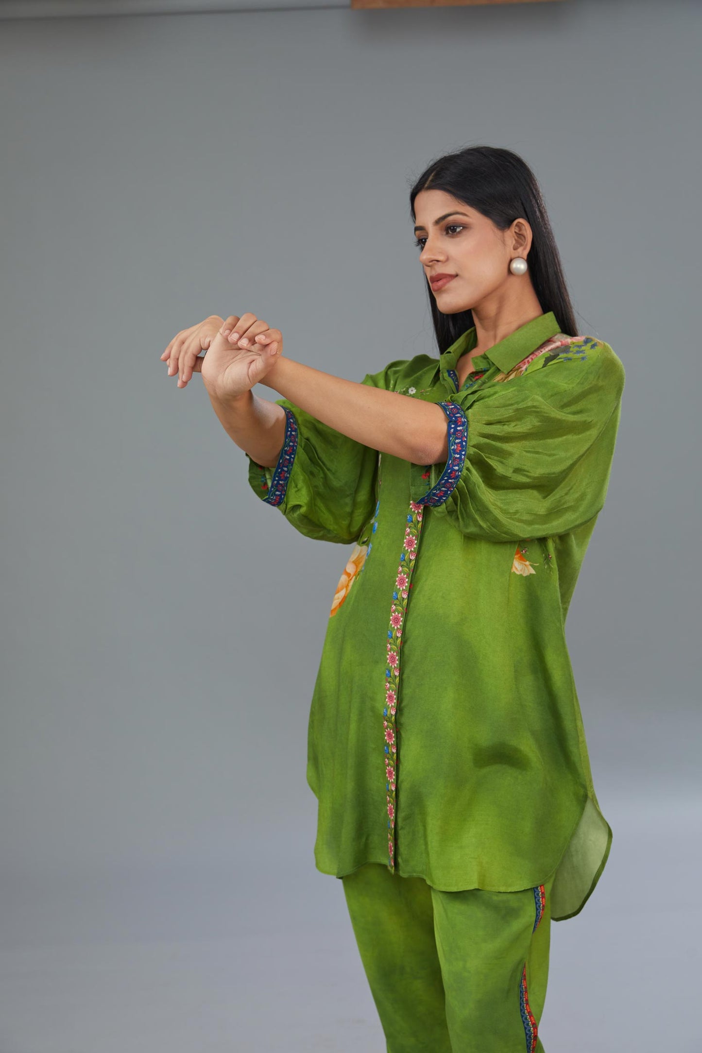 Green cotton silk digital printed co-ord set