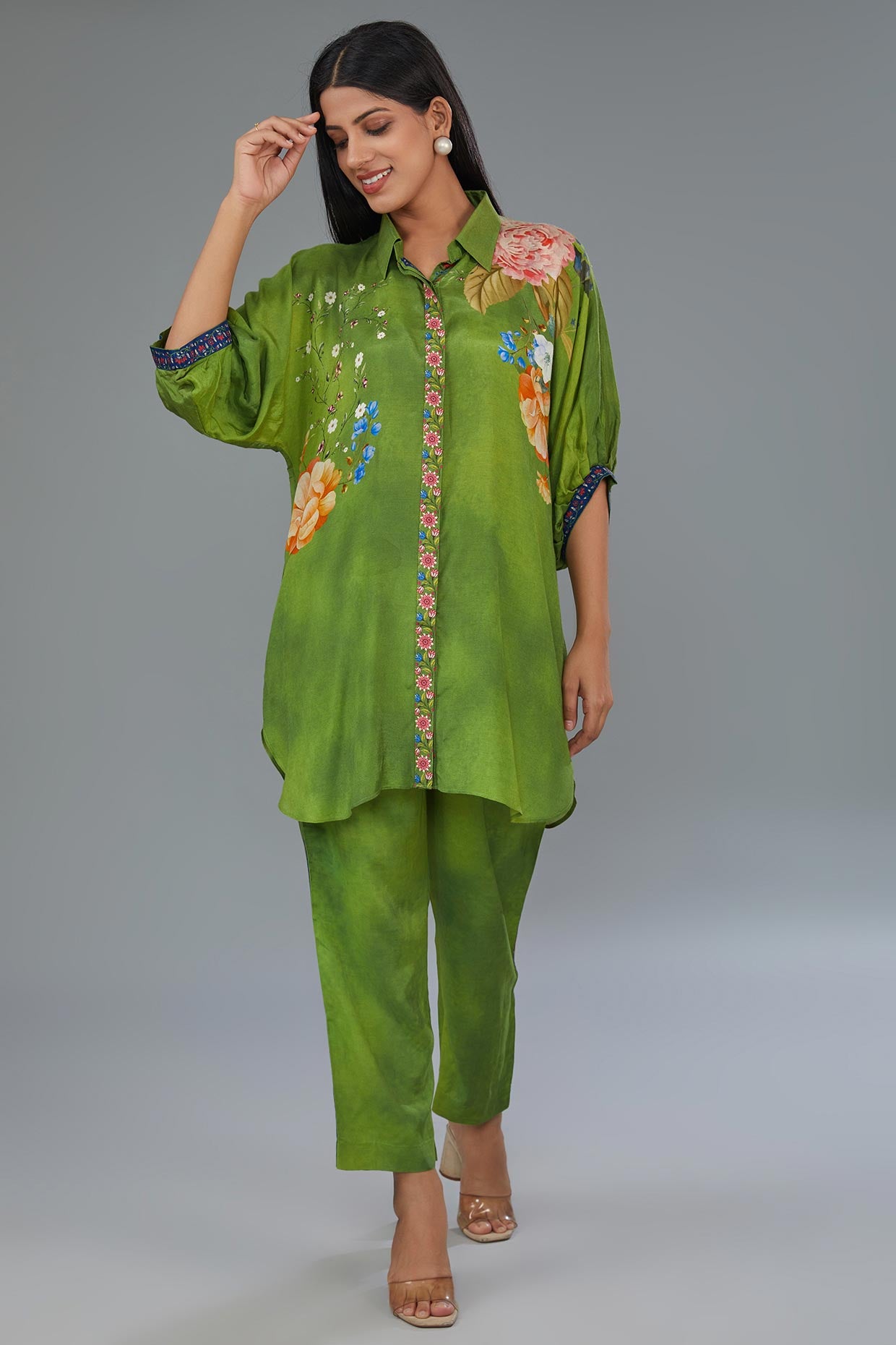 Green cotton silk digital printed co-ord set