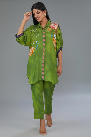 Green cotton silk digital printed co-ord set