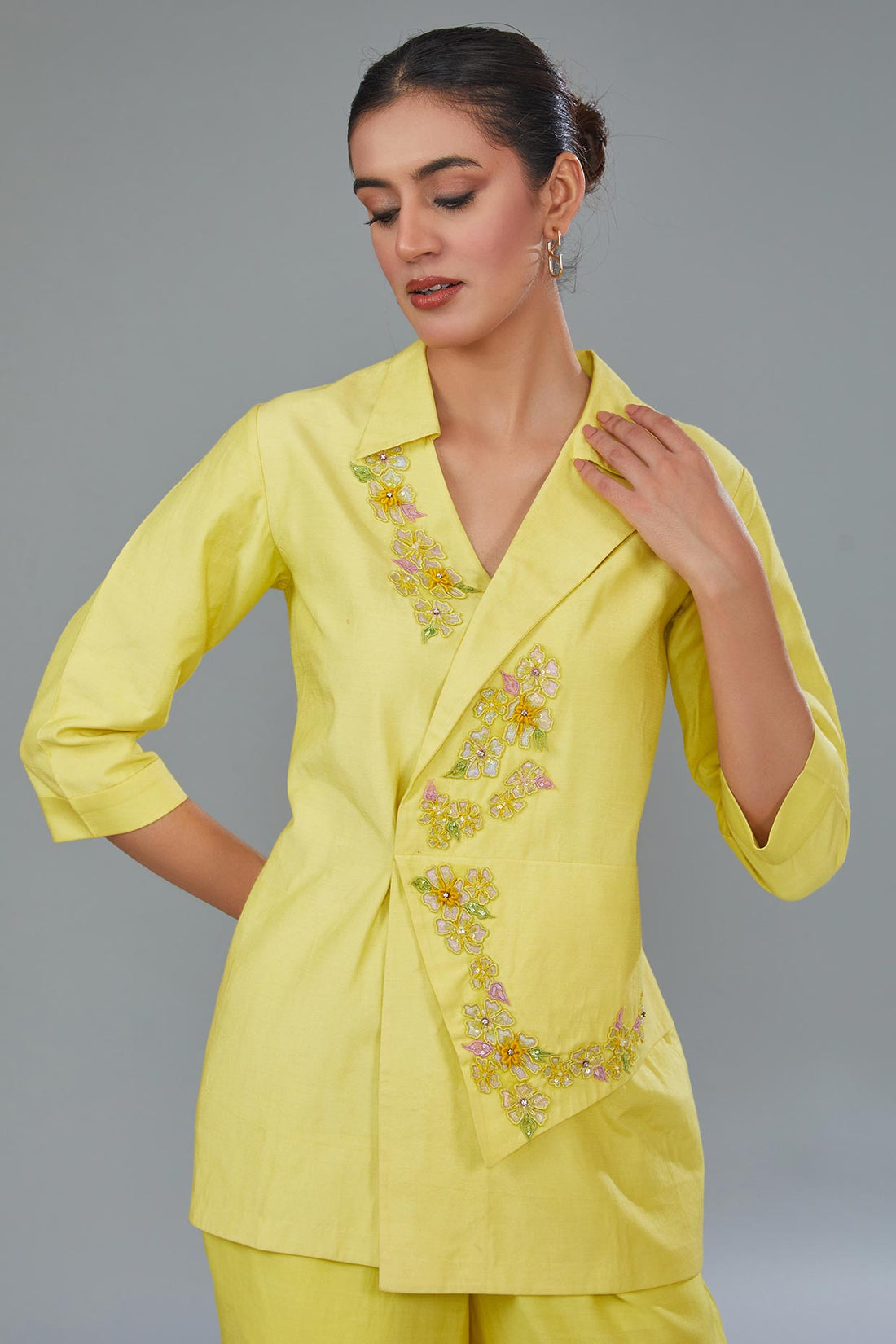 Yellow Cotton Silk Applique Embroidered Co-Ord Set