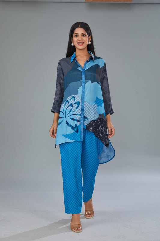 Blue Cotton Silk Digital Printed Co-Ord Set
