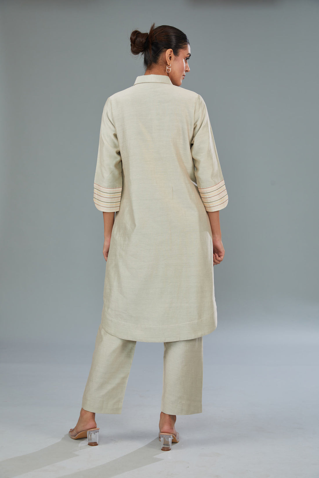Beige Chanderi Silk Machine Embroidered Co-Ord Set