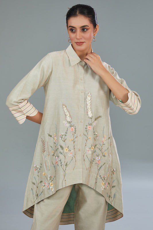 Beige Chanderi Silk Machine Embroidered Co-Ord Set
