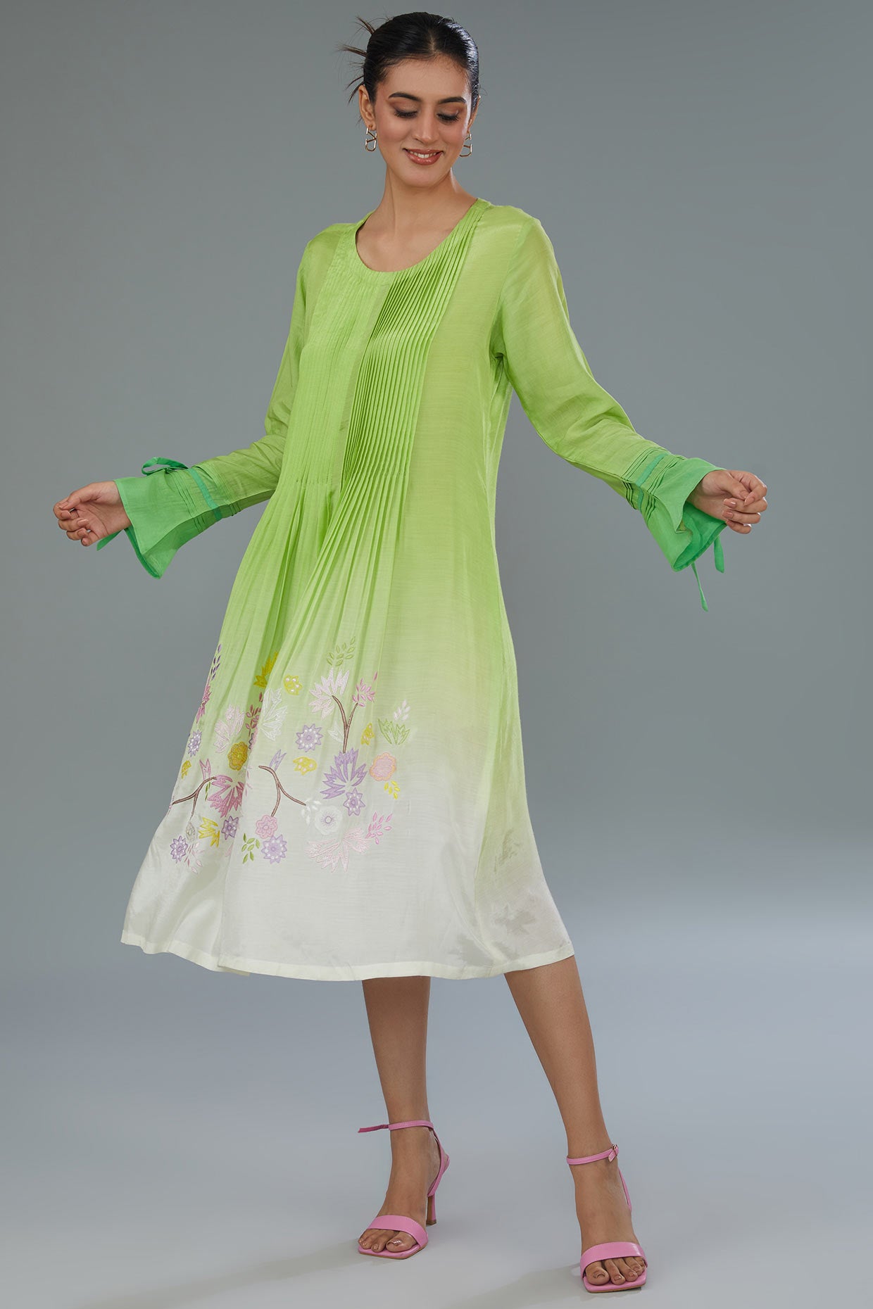 White & Green Ombre Dyed Cotton Silk Thread Embroidered Midi Dress