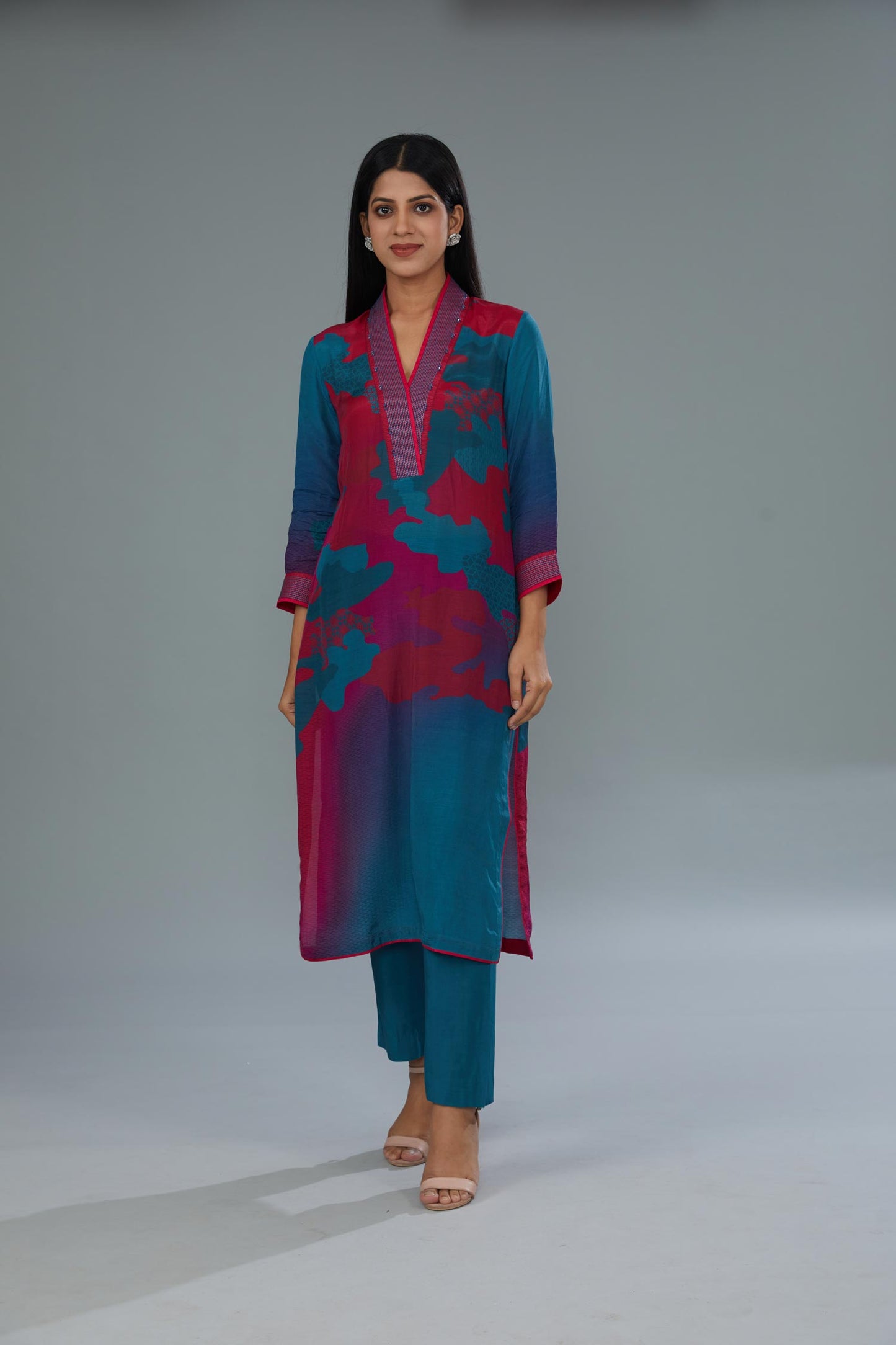 Teal-Blue/ Pink Cotton Silk Digital Printed Co-ord Set