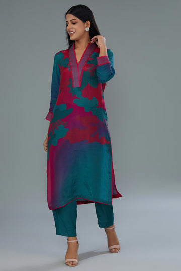 Teal-Blue/ Pink Cotton Silk Digital Printed Co-ord Set