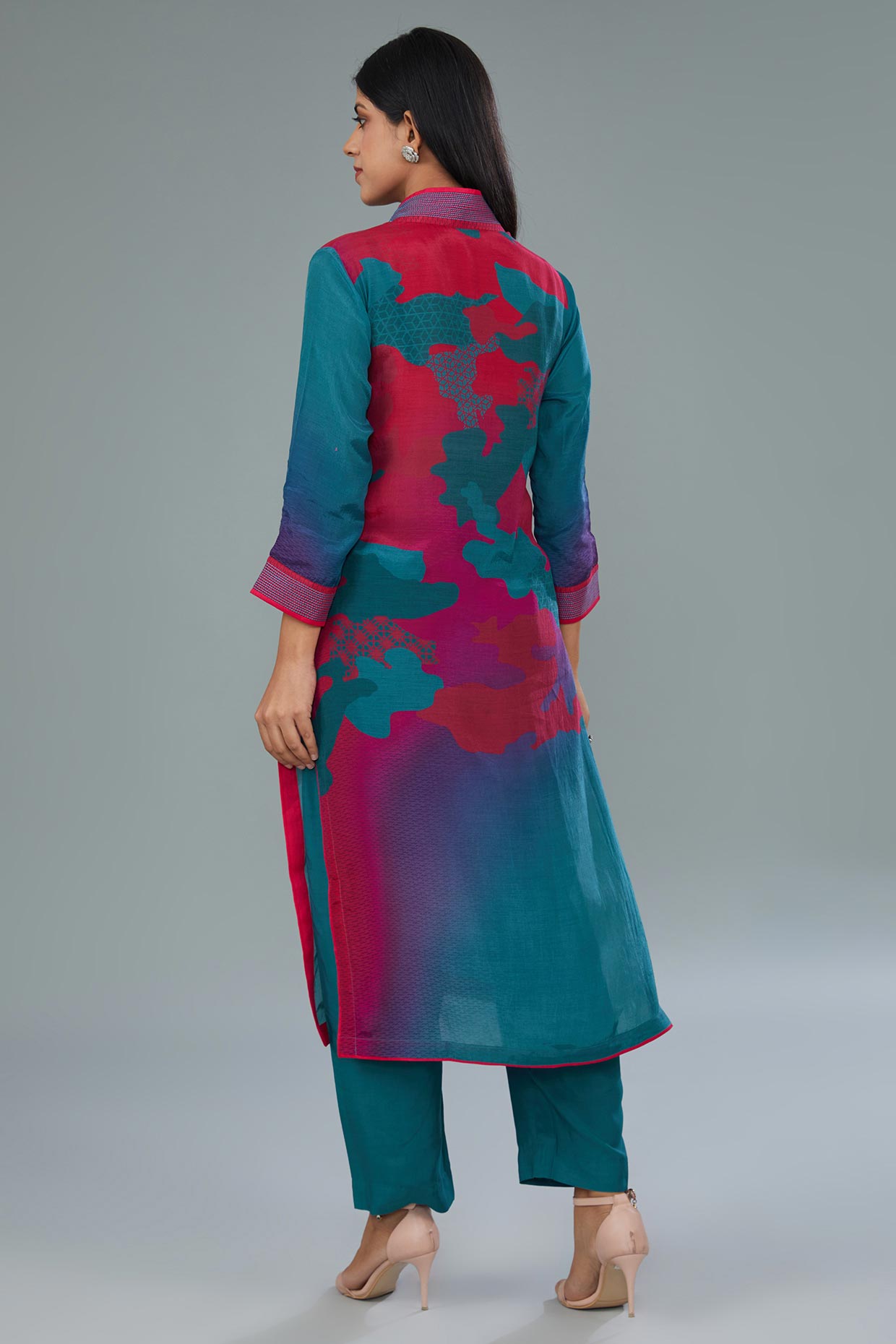 Teal-Blue/ Pink Cotton Silk Digital Printed Co-ord Set