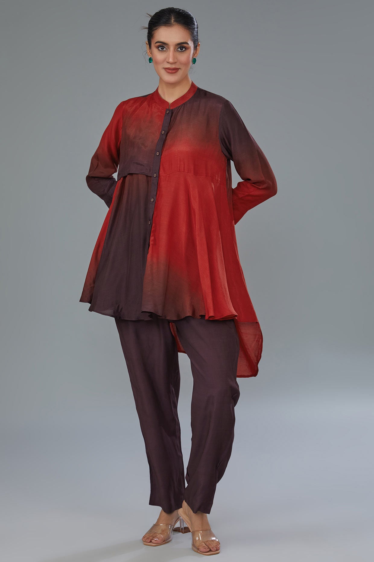 Red & Wine Ombre Dyed Cotton Silk Co-Ord Set