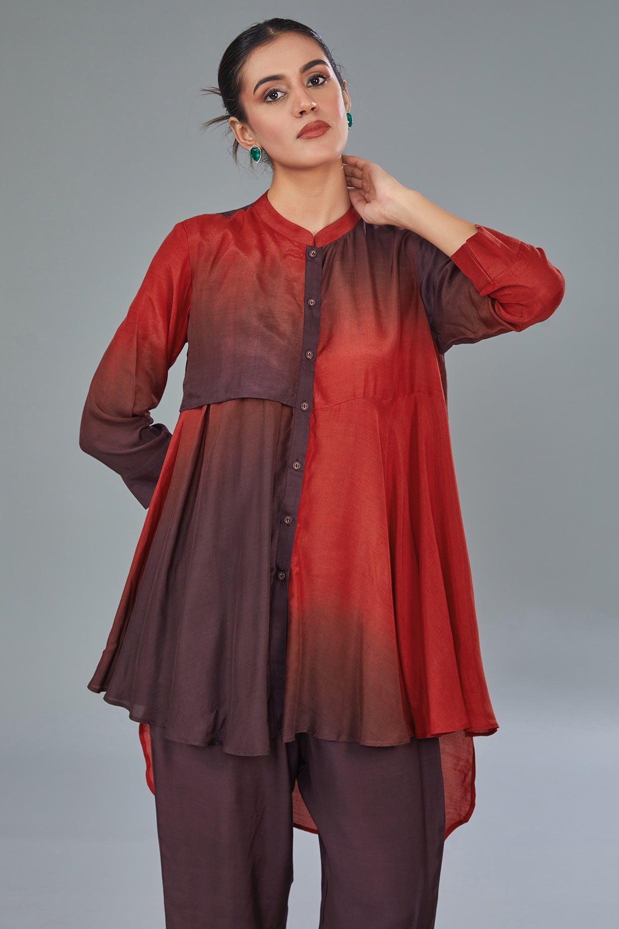 Red & Wine Ombre Dyed Cotton Silk Co-Ord Set