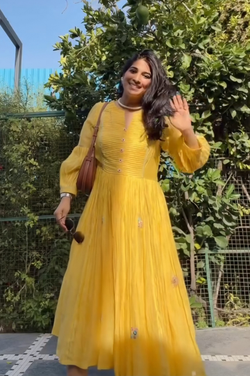Priya Mudgal in Yellow Handcrafted Embellishment Dress with Pintuck Yoke and Anchor Detailing